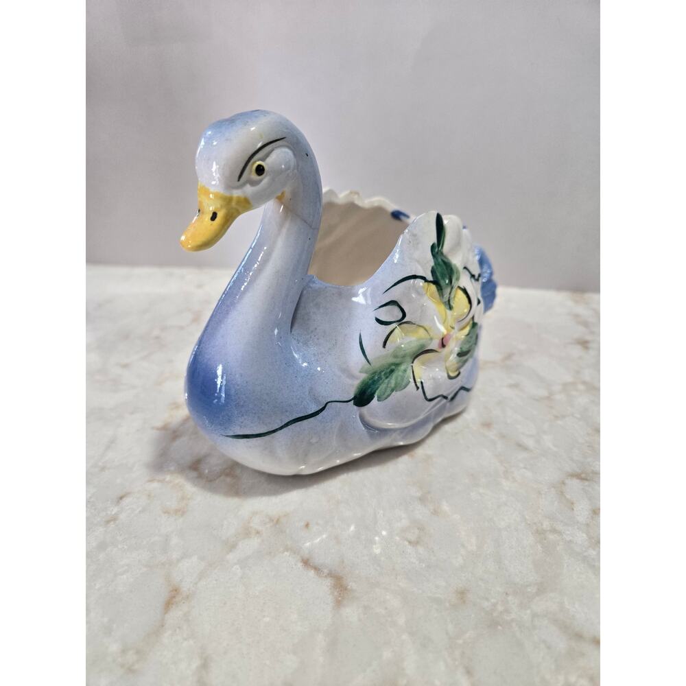 Vintage Ceramic Swan Planter Handcrafted Japan Blue White Floral Flowers